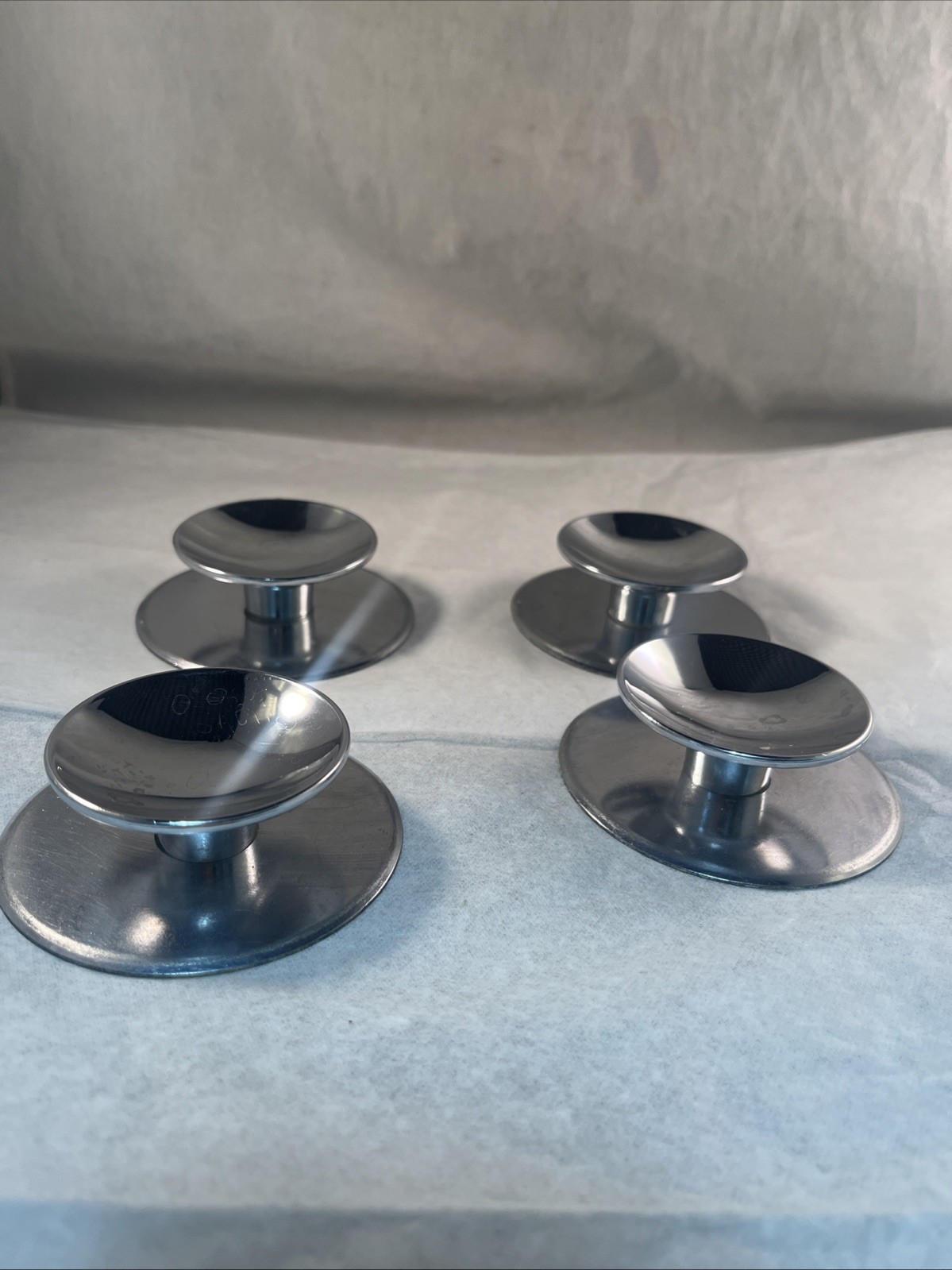 4 Vintage 1960s AJAX Shiny Chrome Beveled Concave 2″ Round Knobs & Back Plates