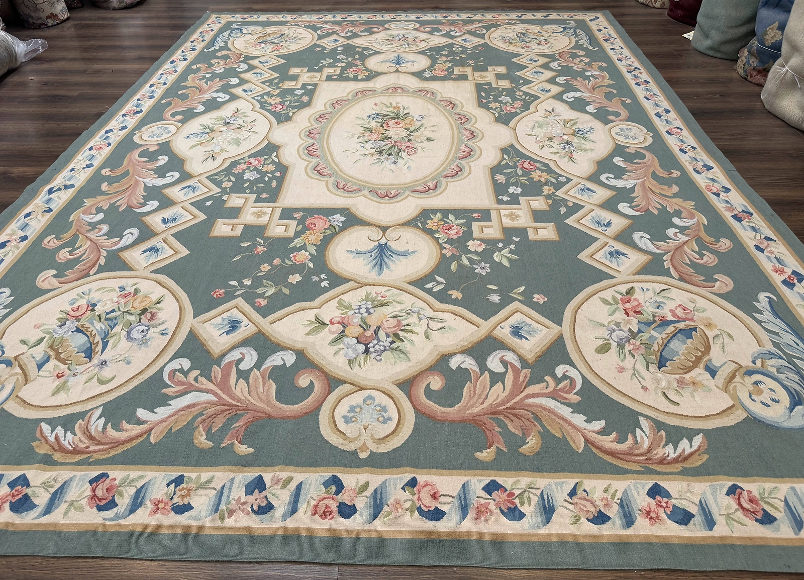 Aubusson Rug 9×12, Muted Sage Green and Cream, European Design