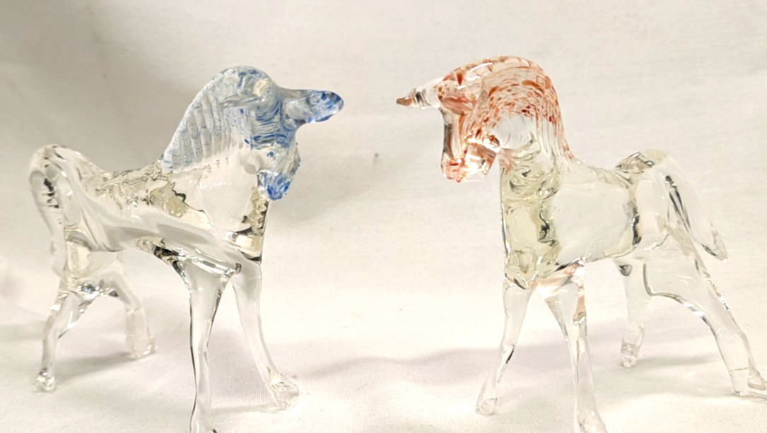 Hand Blown Murano Style Glass Horse Figurines (Set of 2) in Blue and Red