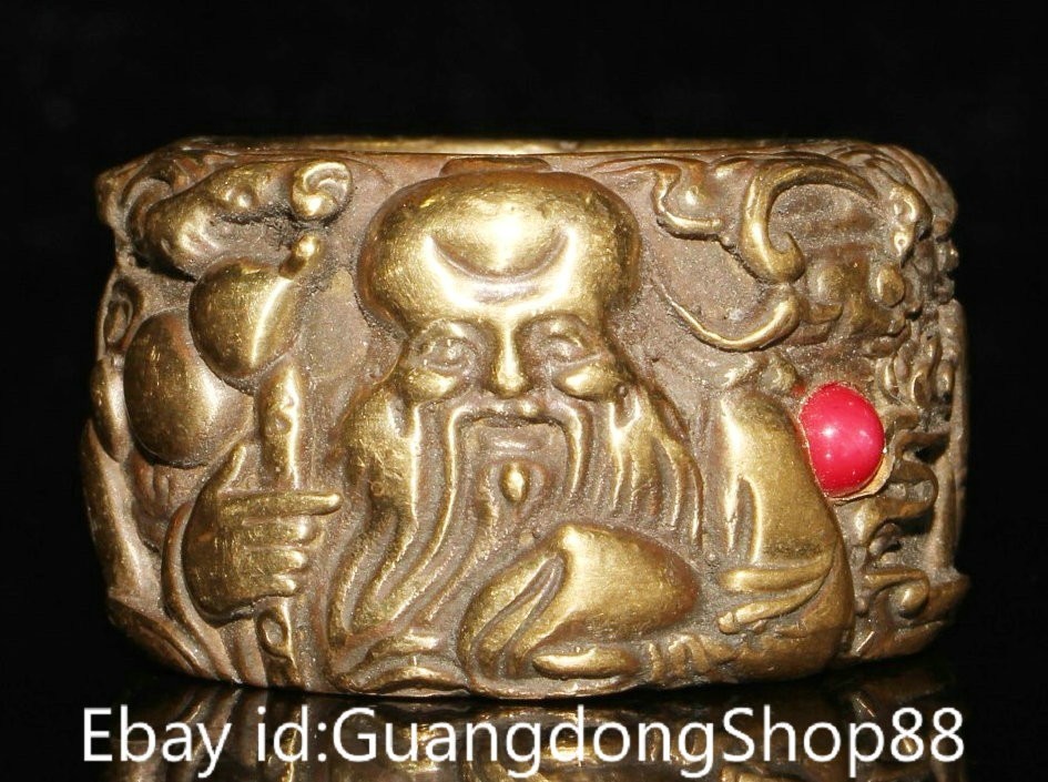 1.5″ Old China Copper Gems Carving Dynasty Palace God of Longevity Jewelry Ring