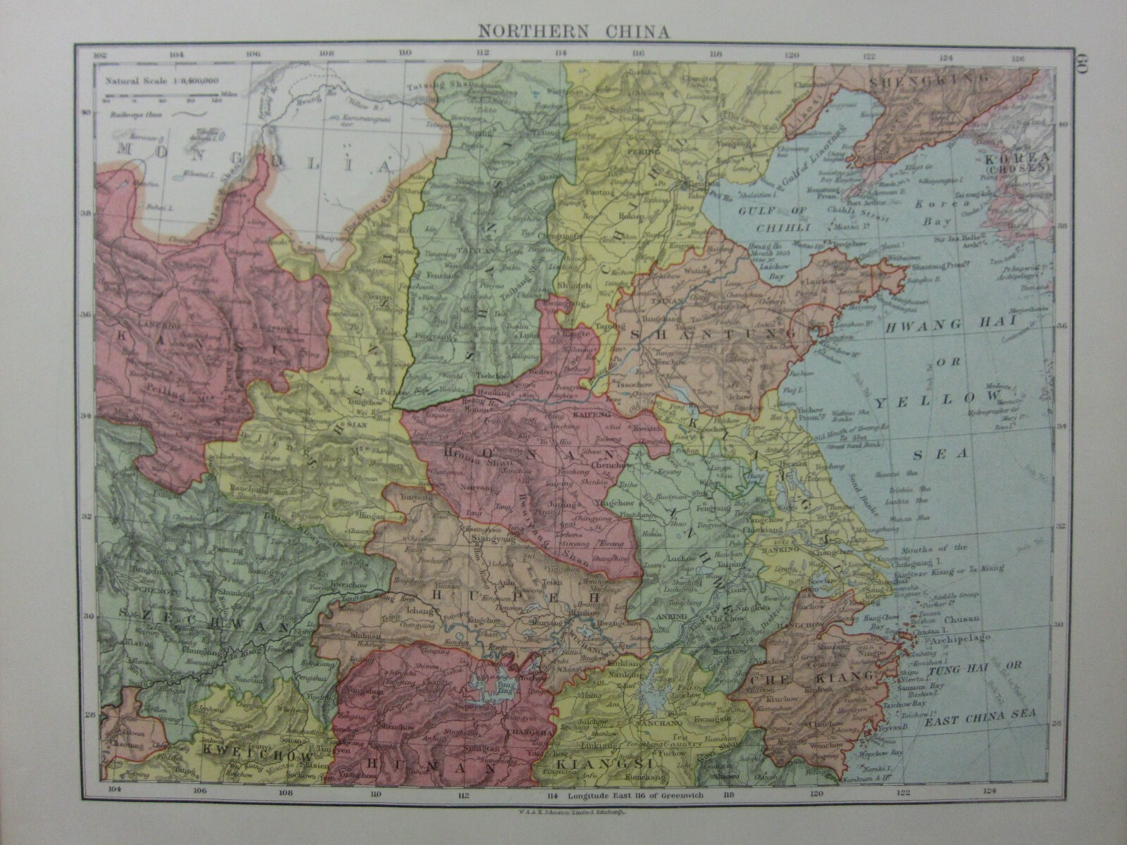 1924 MAP ~ NORTHERN CHINA SHANTUNG HONAN HUPEH SZECHWAN