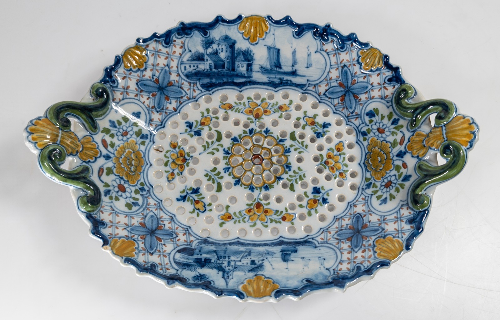 Antique Dutch Delft Faience Polychrome Tray or Dish with Scenes and Flowers