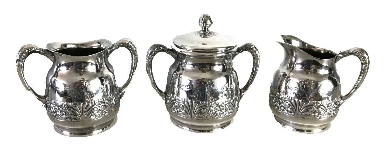 Antique Pairpoint Quadruple Silverplate Repousse 4 Piece Set Creamer Sugar etc.