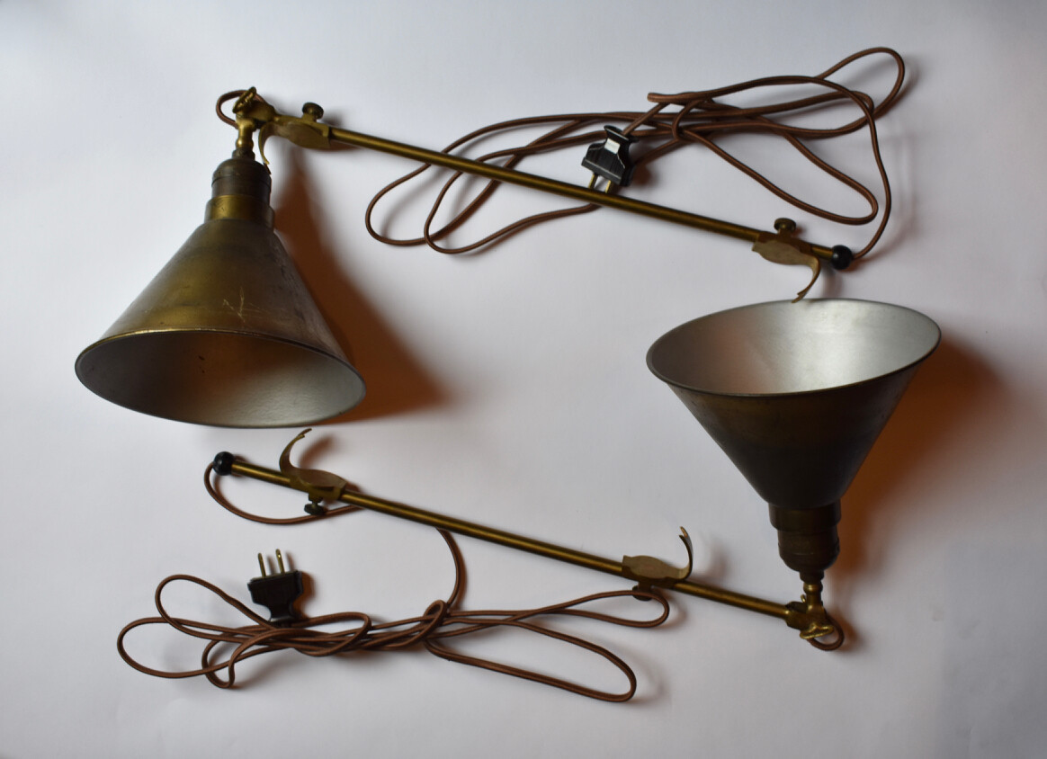 Adjustable Pair Brass Faries #72 Lamps Original Cone Shades Roll Top Desk Rare