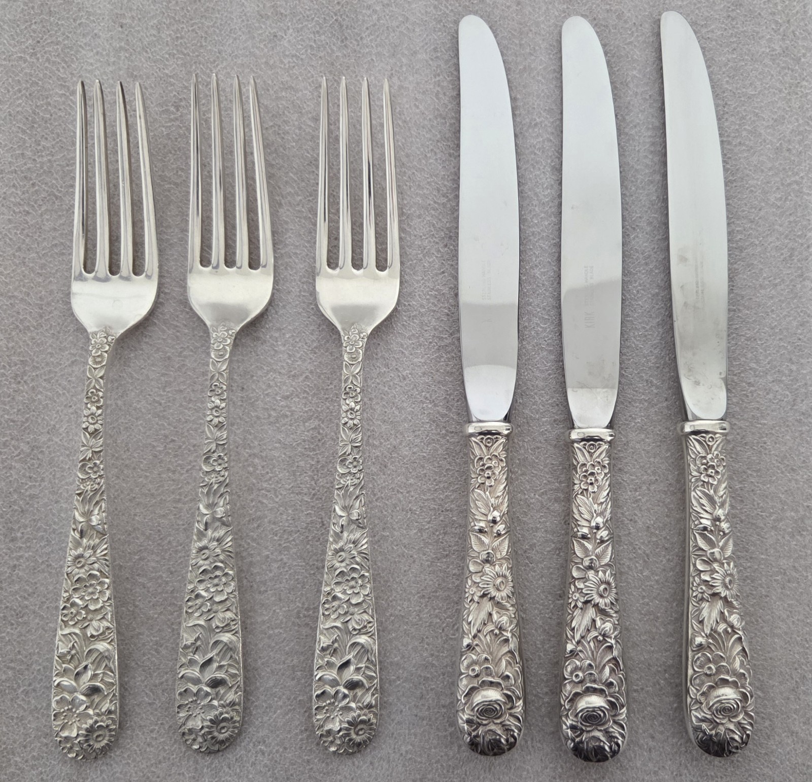 Kirk & Son Repousse Sterling Silver 3-8″Dinner Forks 3-9″Dinner Knives No Mono