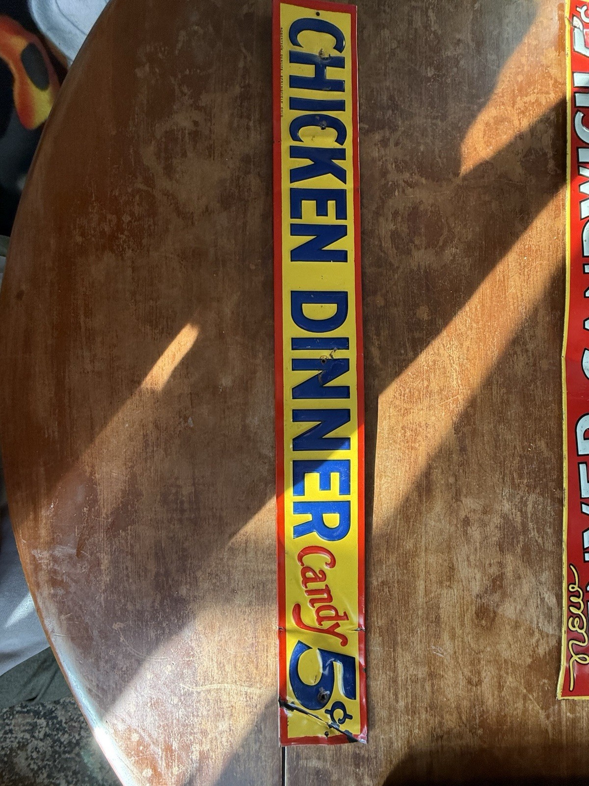 Vintage 1920s-1940s Tin Door Push Chicken Dinner Candy 5 Cents Door Sign