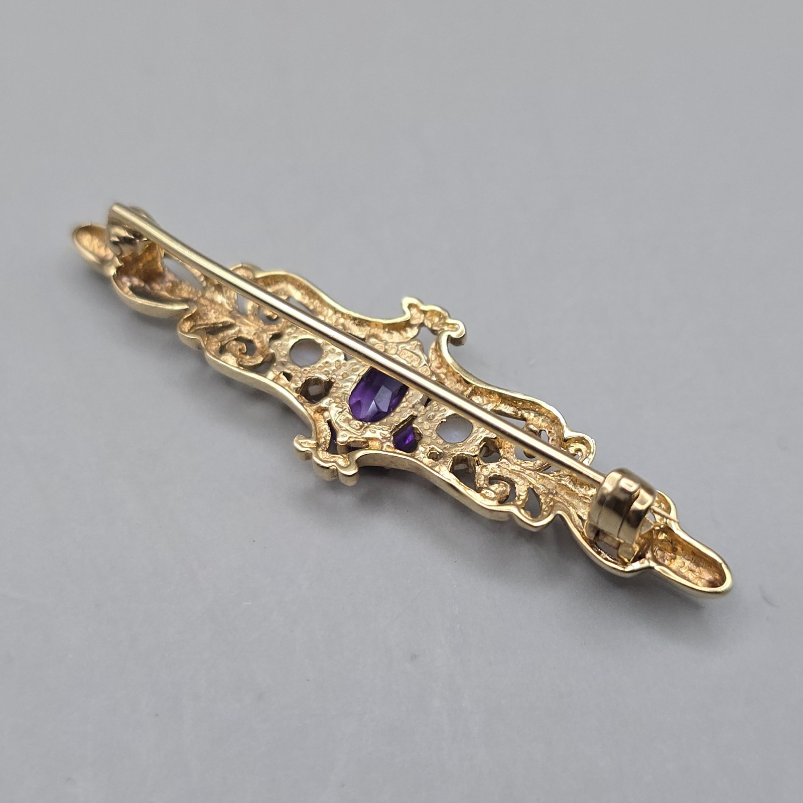 9ct Yellow Gold Amethyst & Seed Pearl Brooch Bar Pin London 1988–1998