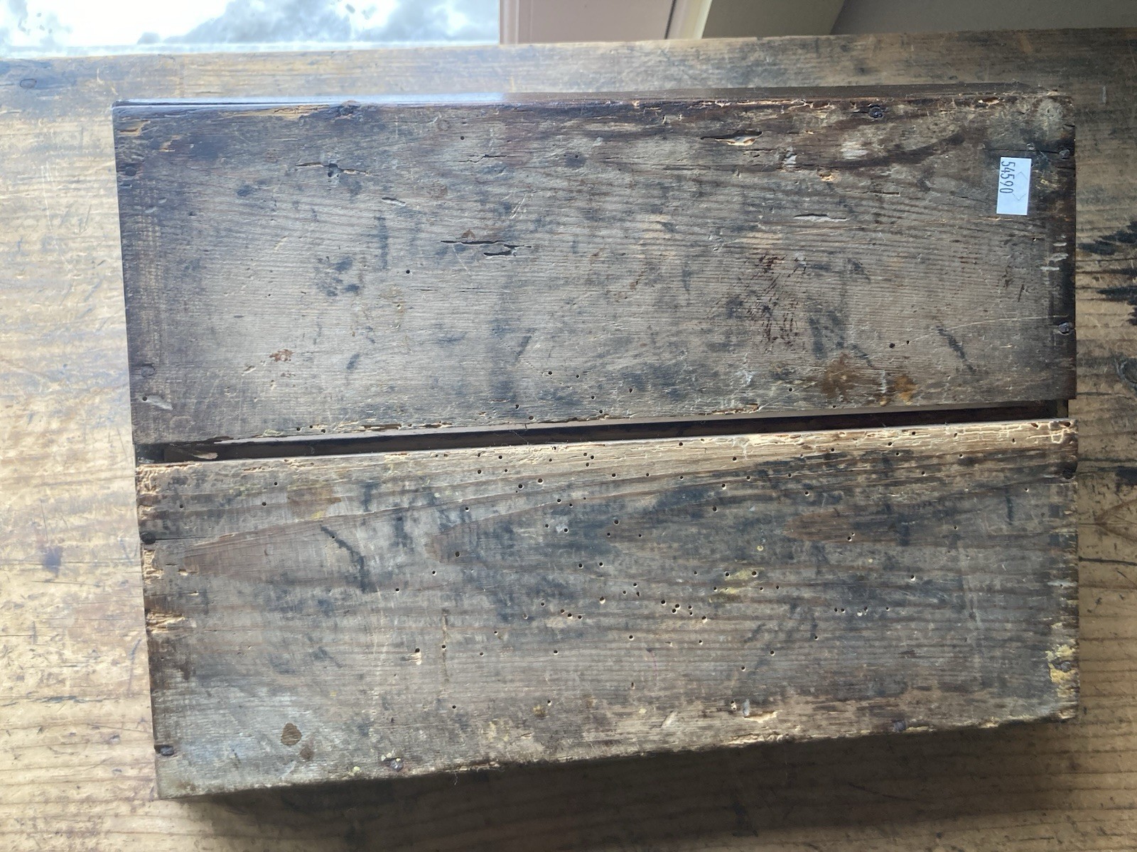 Fish Tail! Antique Primitive CANTED SIDE WOODEN CUTLERY TRAY in dark stain