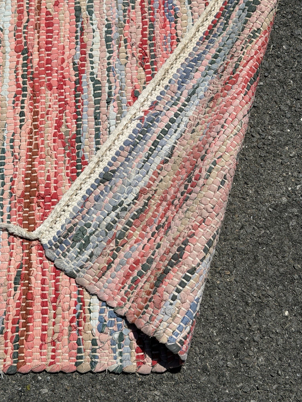 Vintage Abstract Linear Color American Farmhouse Braided Rag Rug Wool Cotton 8×5
