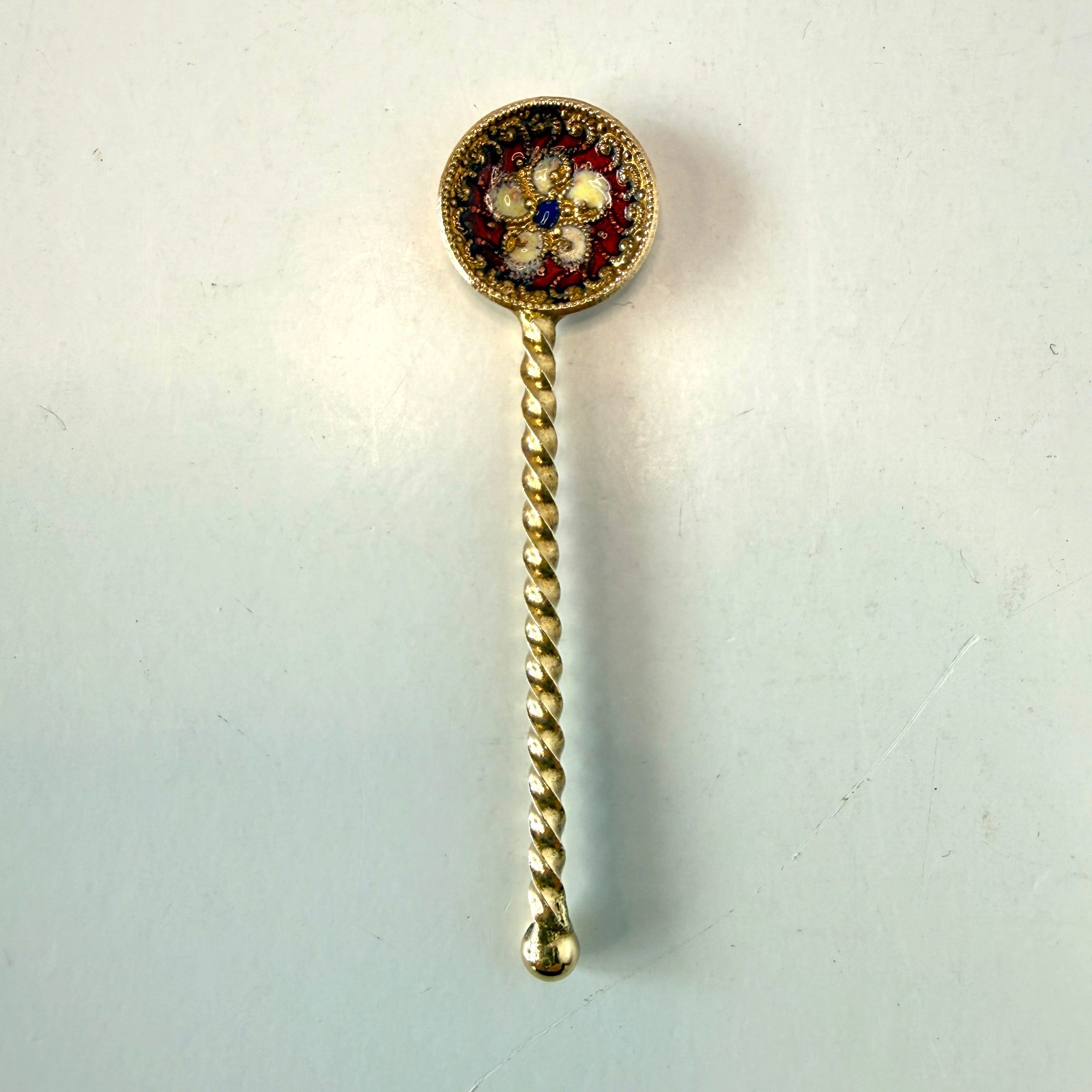 💠 Vintage Enameled Salt Spoon Twist Handle Gold Tone Floral Mosaic 2.25”