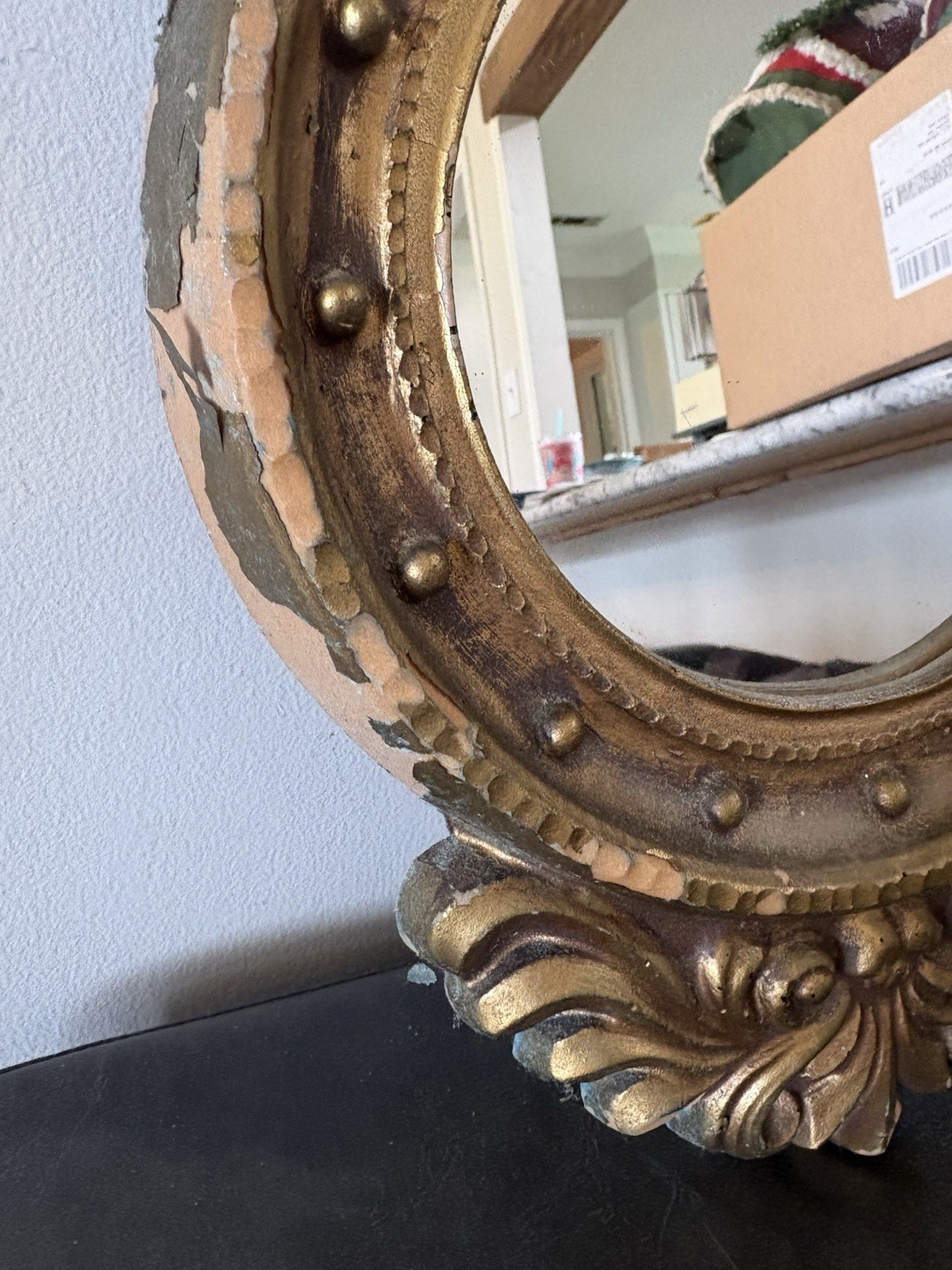 Antique Wood Federal Gold Gilt Porthole Eagle Mirror USA Distressed