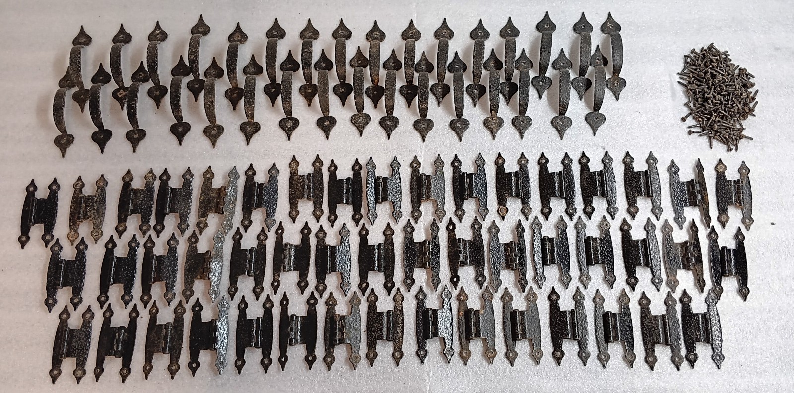 Vintage Spanish Revival Black Iron Drawer Pulls (3 1/4″) & Hinges with Screws