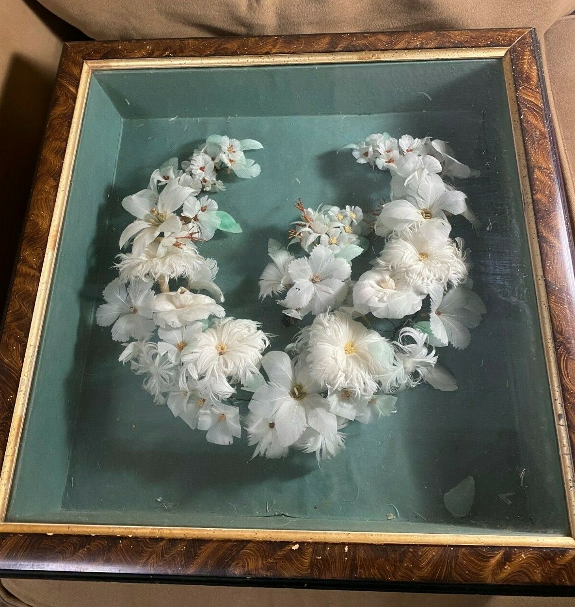 Rare Antique Victorian Mourning Feather Wreath Memorial Shadowbox Framed 19th C
