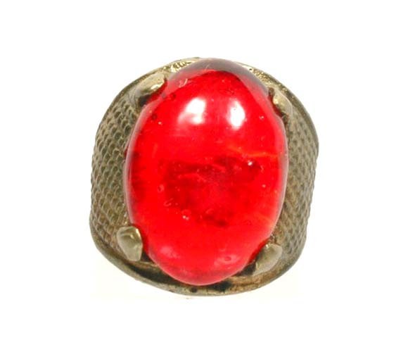 Antique 19thC Russian Tatar Silver Bronze Alloy Ring Ruby Red Glass Gem Size 6¼