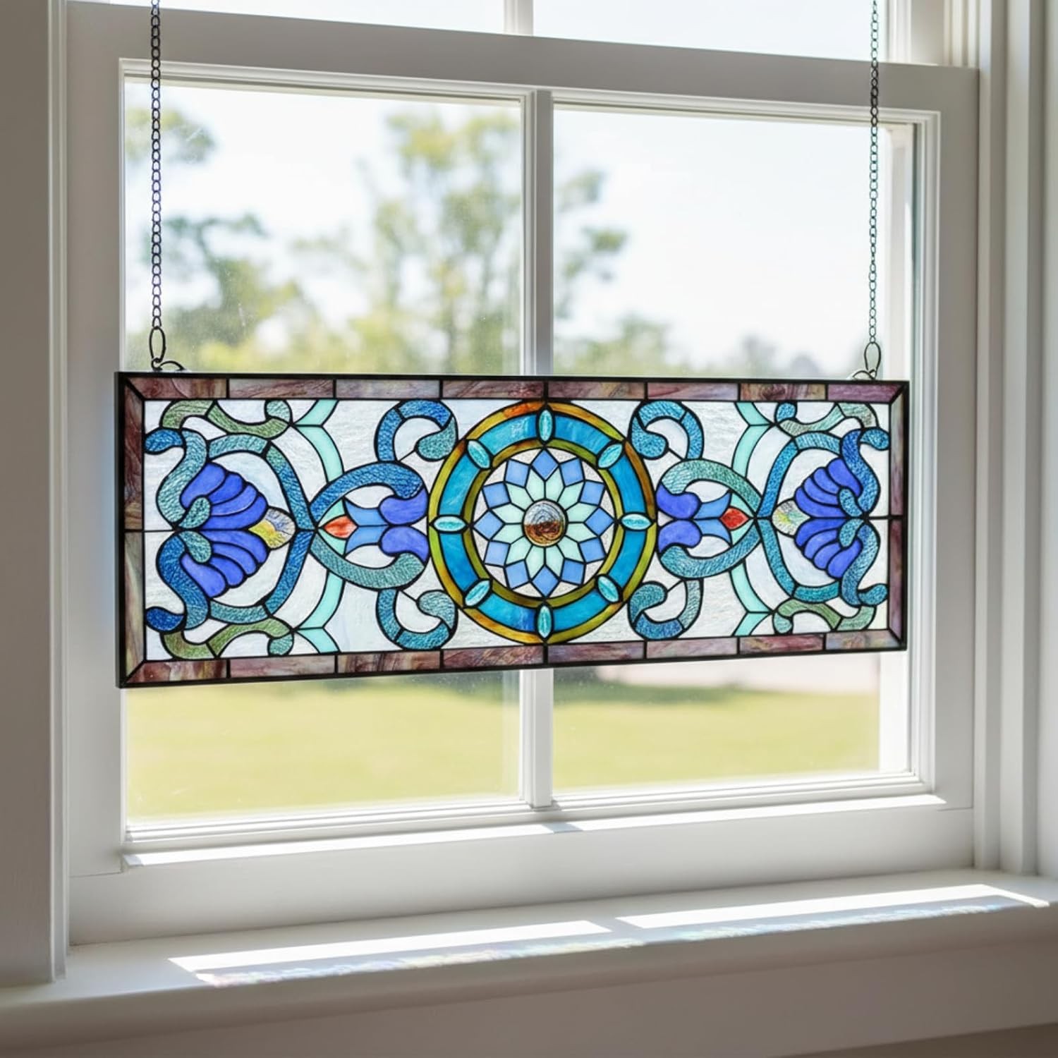 Extra Large Stained Glass Window Panels 35×12 Blue Victorian Style Kit with