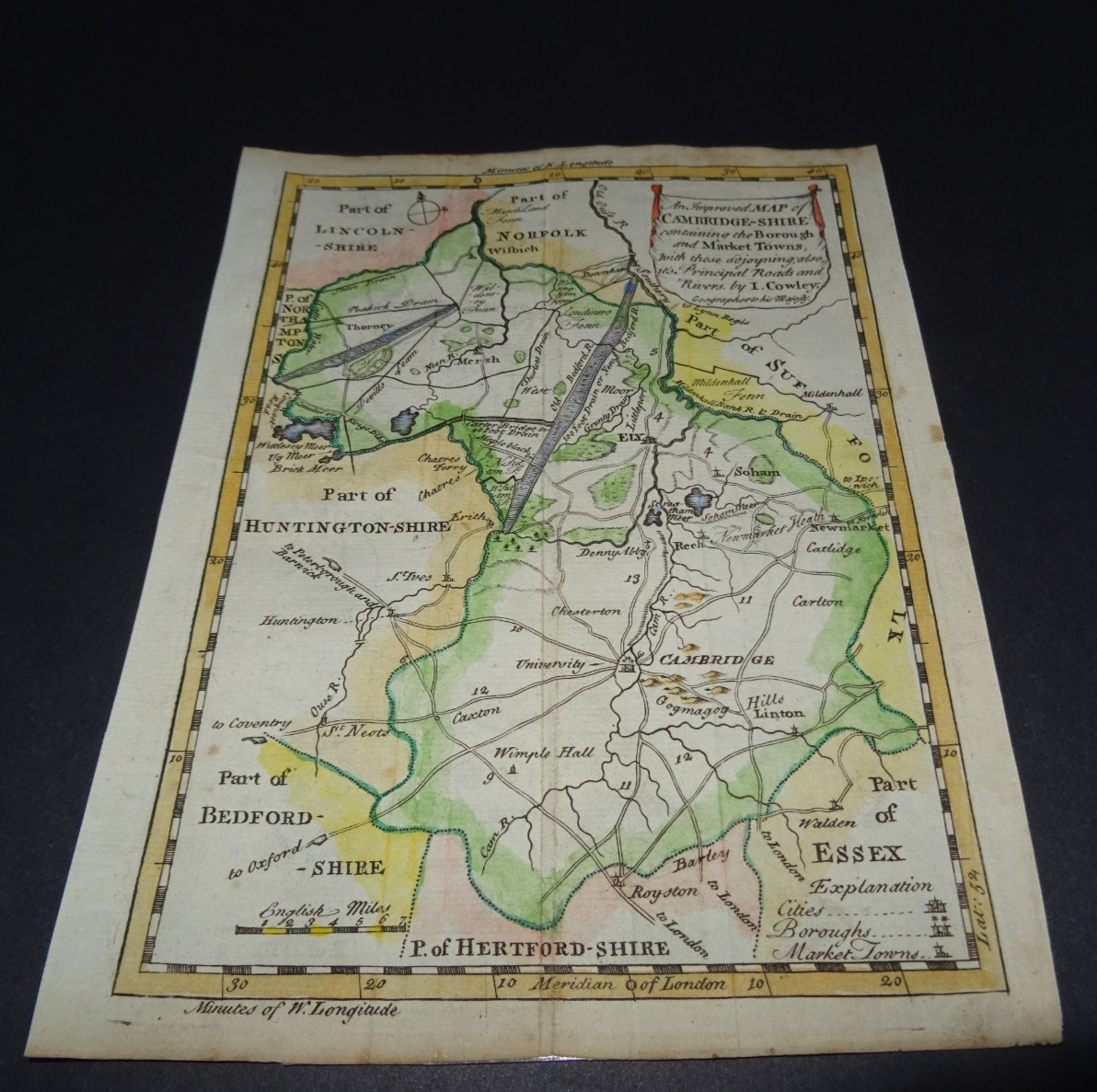 Antique map of Cambridgeshire by John Cowley 1744