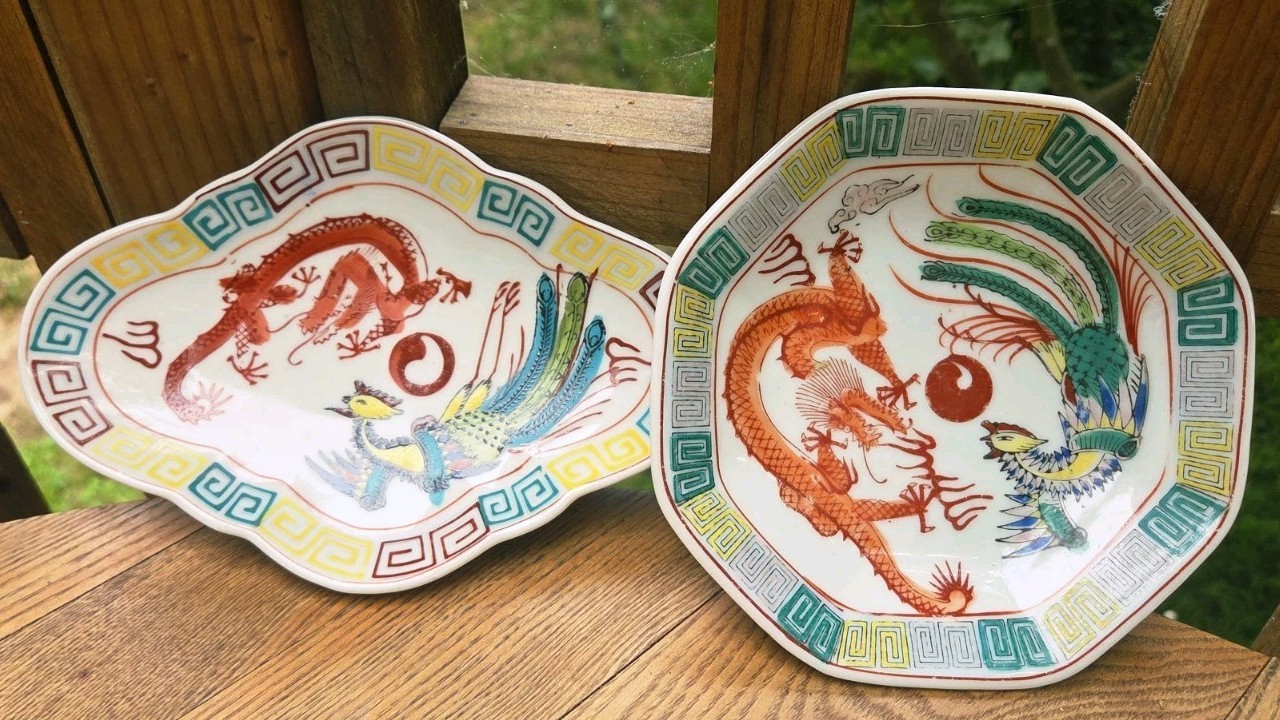 Antique Porcelain Dragon and Phoenix Cup Saucer and Plate Japan Decorative China