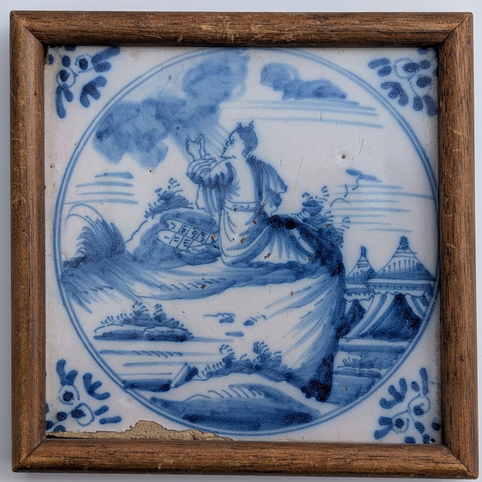 Antique 18th Century Dutch Delft Blue & White Tile Figure Praying Framed