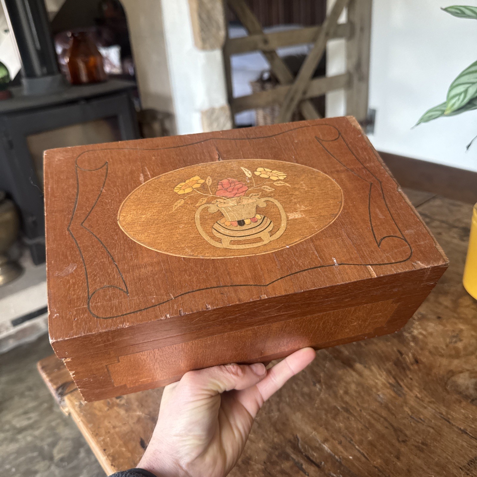 Vintage Wooden Storage Box Trinkets Sewing Stationery Jewellery Patina Cushioned