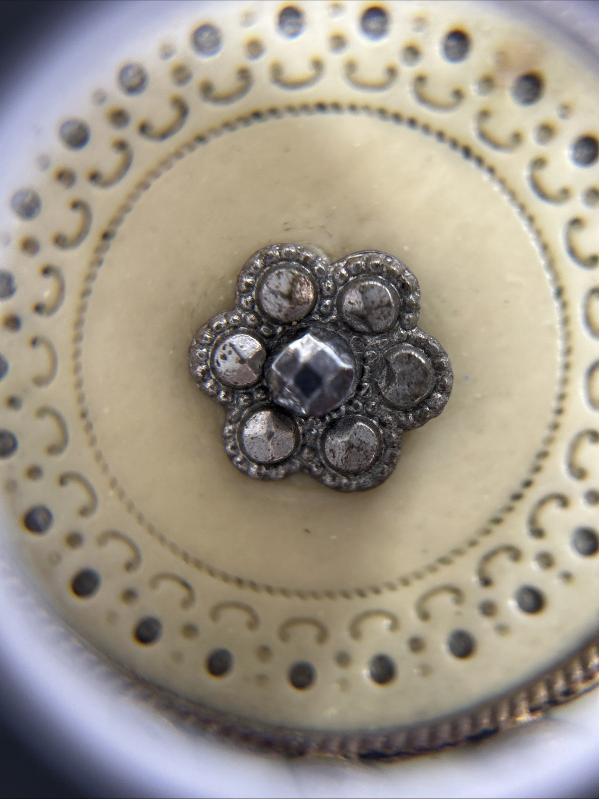 Antique Victorian Metal Celluloid Button Fleur de Lis Cut Steel Centerpiece