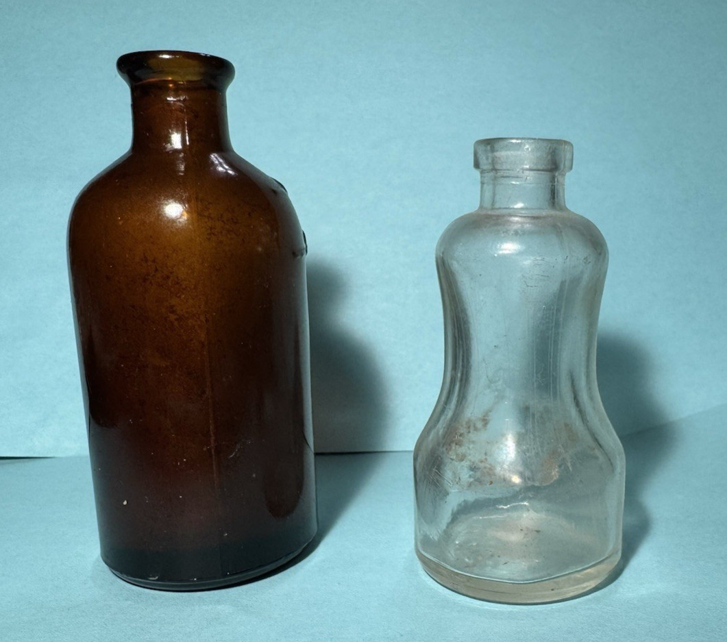 Two Vintage Bottles – 4in Obear-Nester Amber and 3in Hazel-Atlas Clear