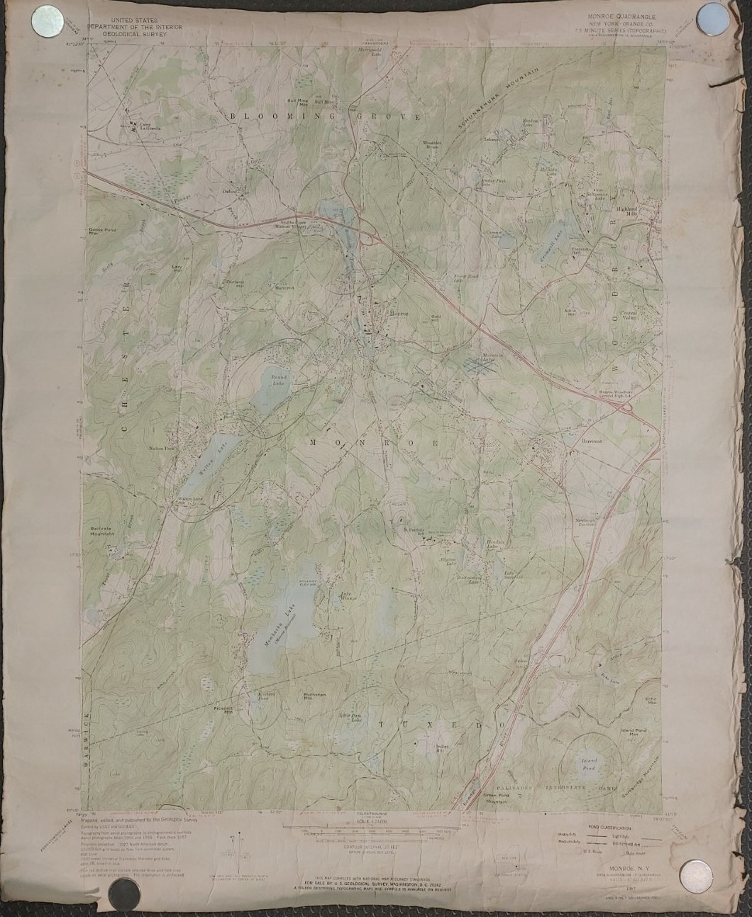 Dept of the Interior US Geological Survey Monroe Quadrangle Map NY 1957 Vintage