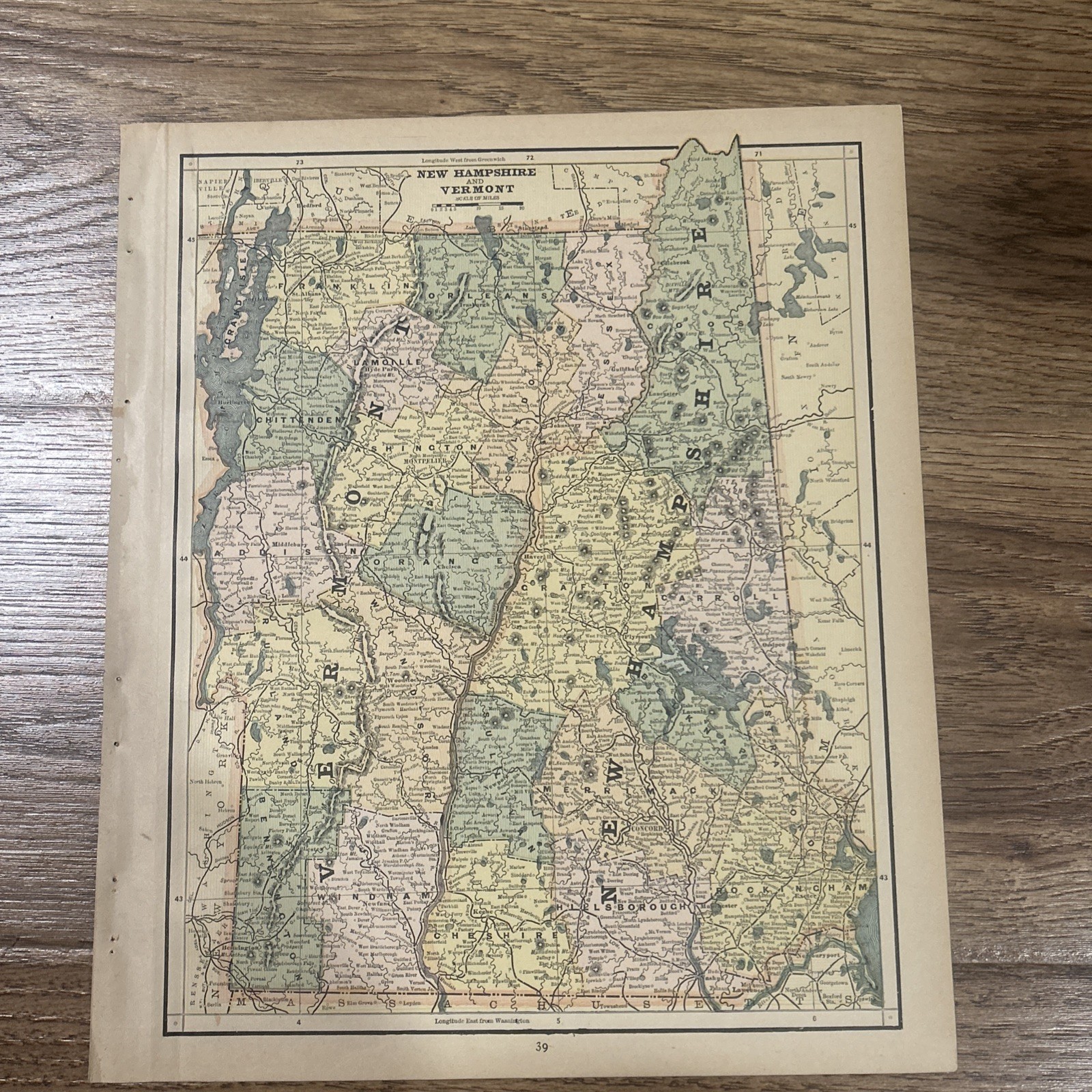 Antique 1887 Map Of Vermont & New Hampshire 14”x11”