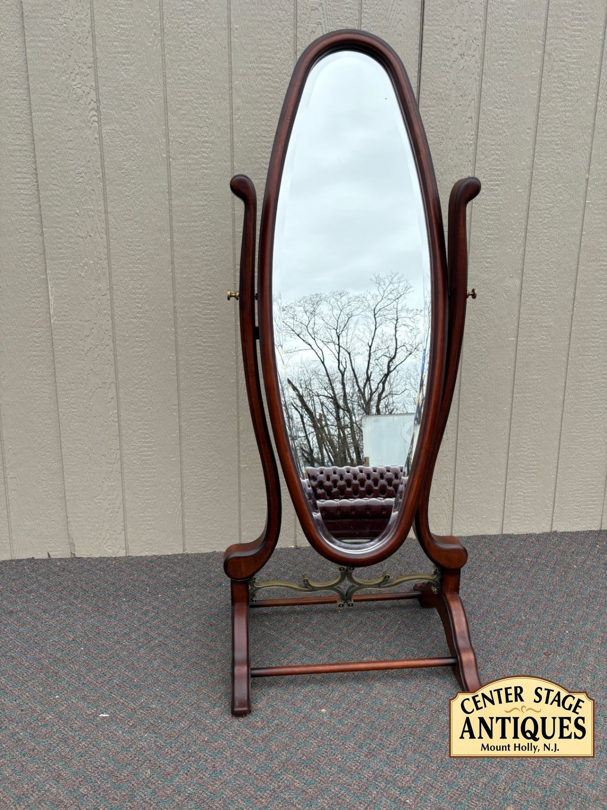 67533 Elegant BOMBAY Mahogany Cheval Dressing Mirror with Brass Accents