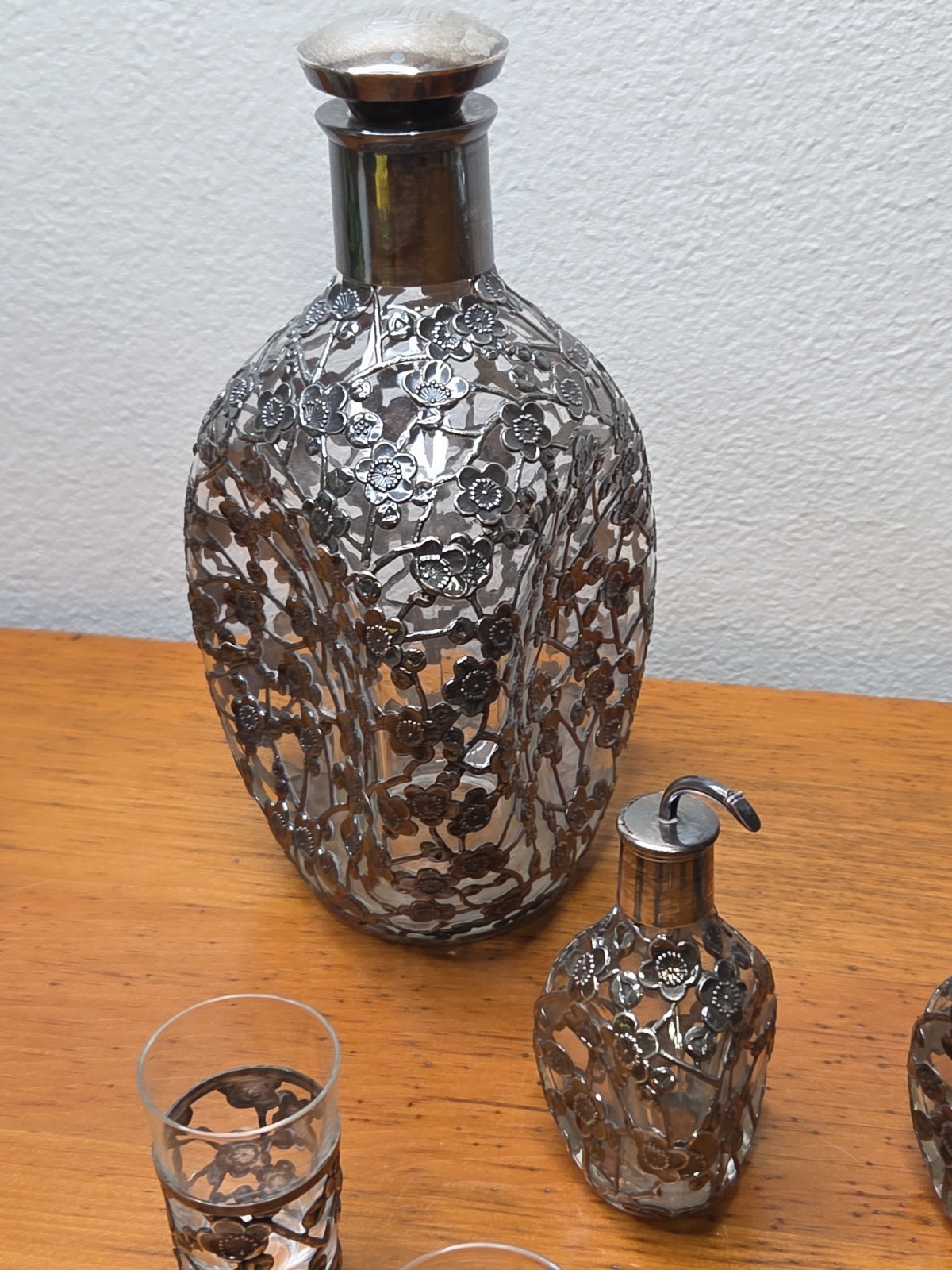 Vintage 950 Sterling Silver Overlay Glass Pinched Decanters,Bitters,Glasses Lot