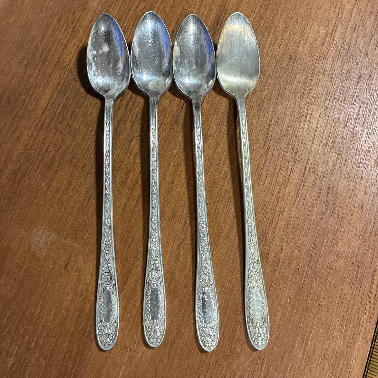 MILDRED Silverplated 4 ICED TEA Spoons by Monarch Plate Antique