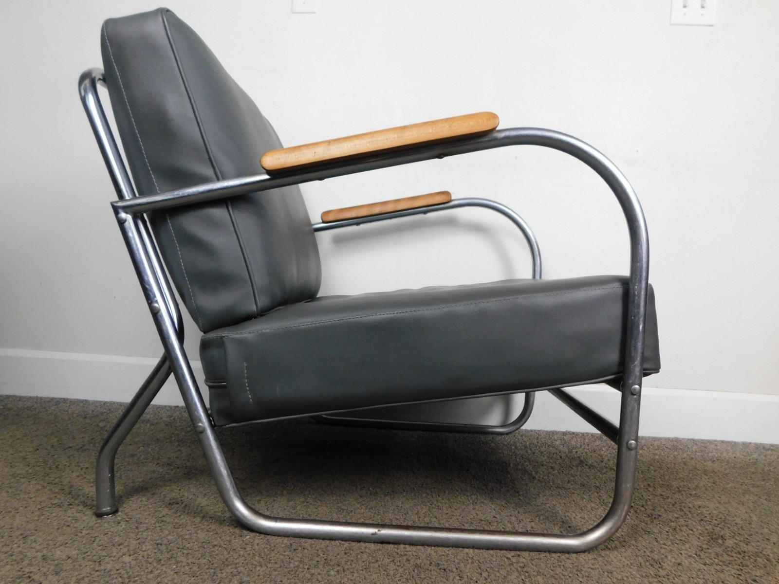 MCM 50s Streamline Art Deco Lounge Chair Tubular Steel Frame Weber Mies Brno esq