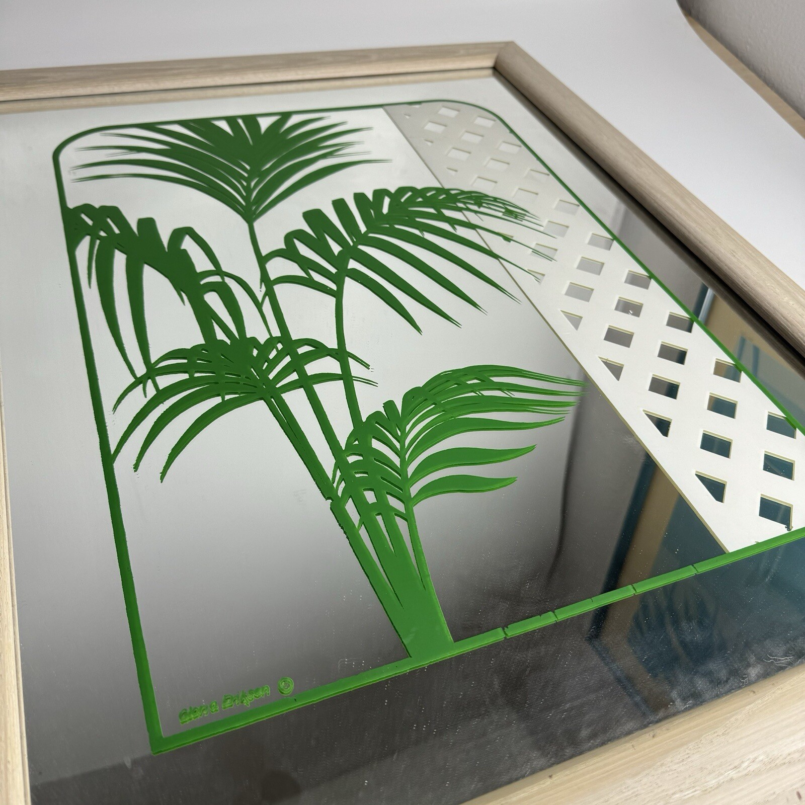 Vintage 70s Art Palm Tree Etched Mirror Signed Gloria Eriksen Mid Century MCM