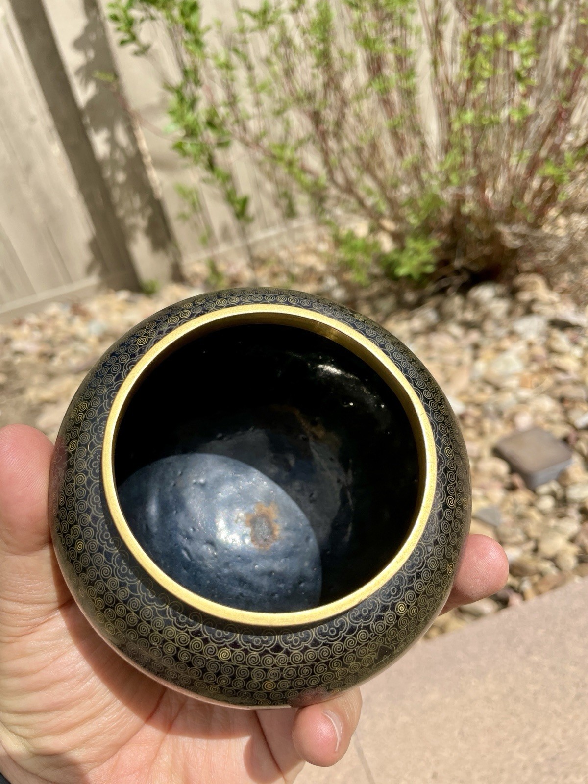 ANTIQUE CLOISSONE VASE WASHER JAR ENAMEL ON BRASS BLACK WITH GOLD DESIGN