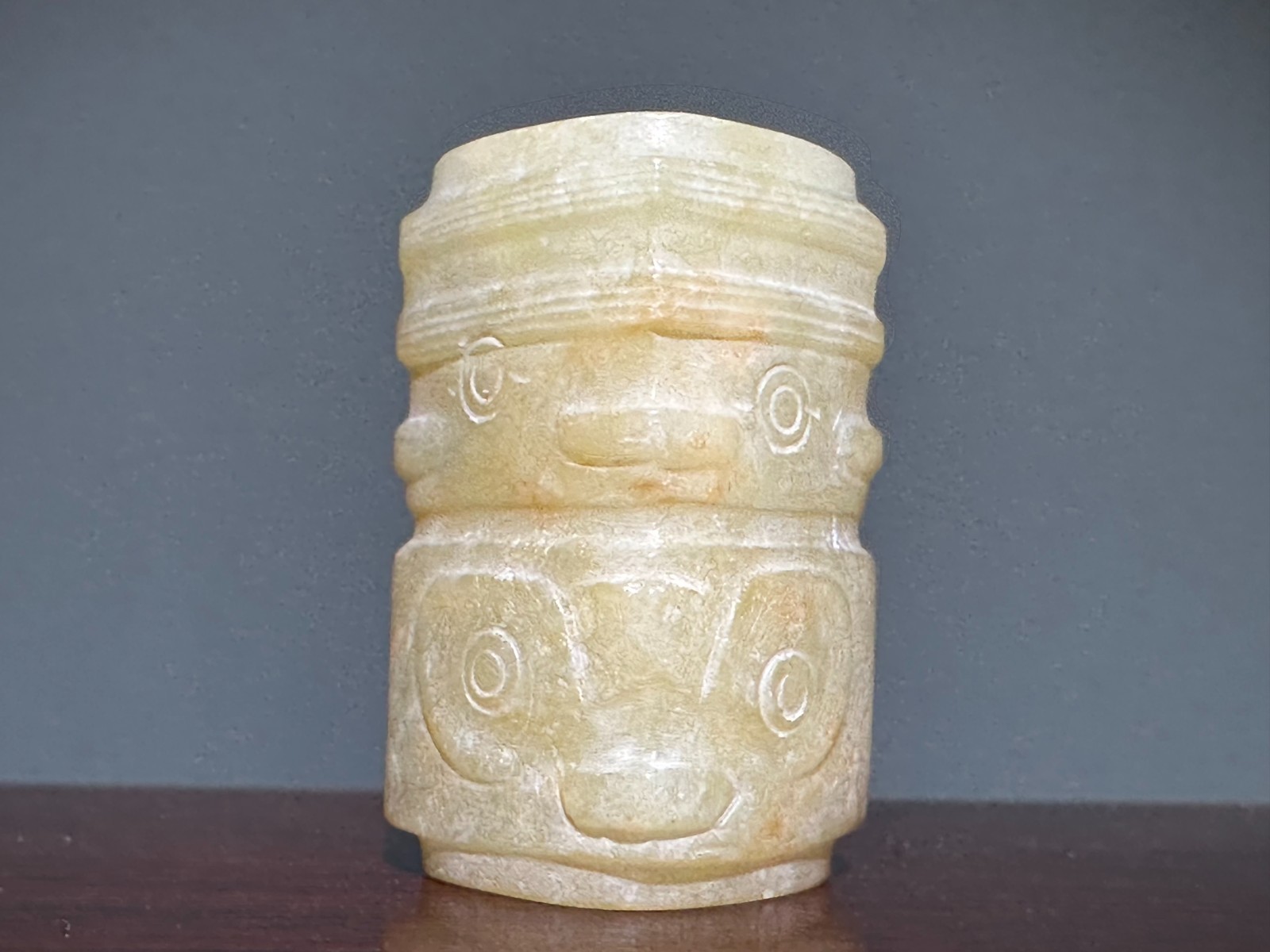 Rare “Liang Zhu” Culture Old Jade Carved God Person Animal Face “Cong” L 3.0 CM