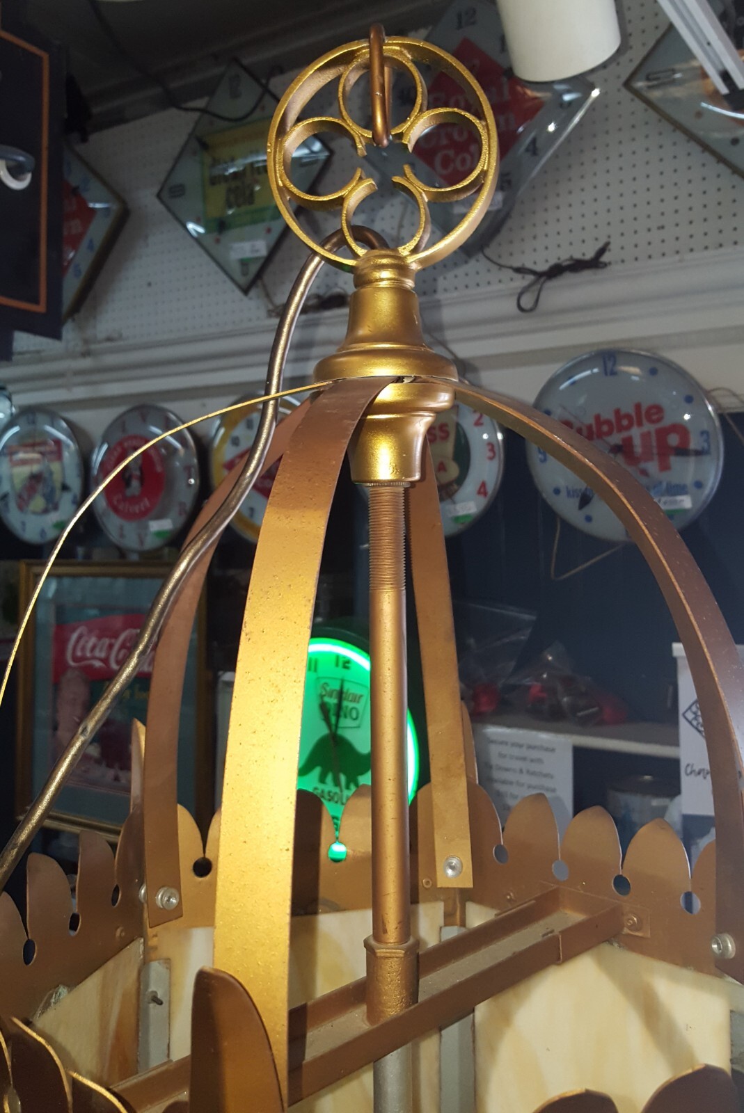 Huge Set of 5 Art Deco Church Lights with Tan & White Slag Glass and Brass Trim