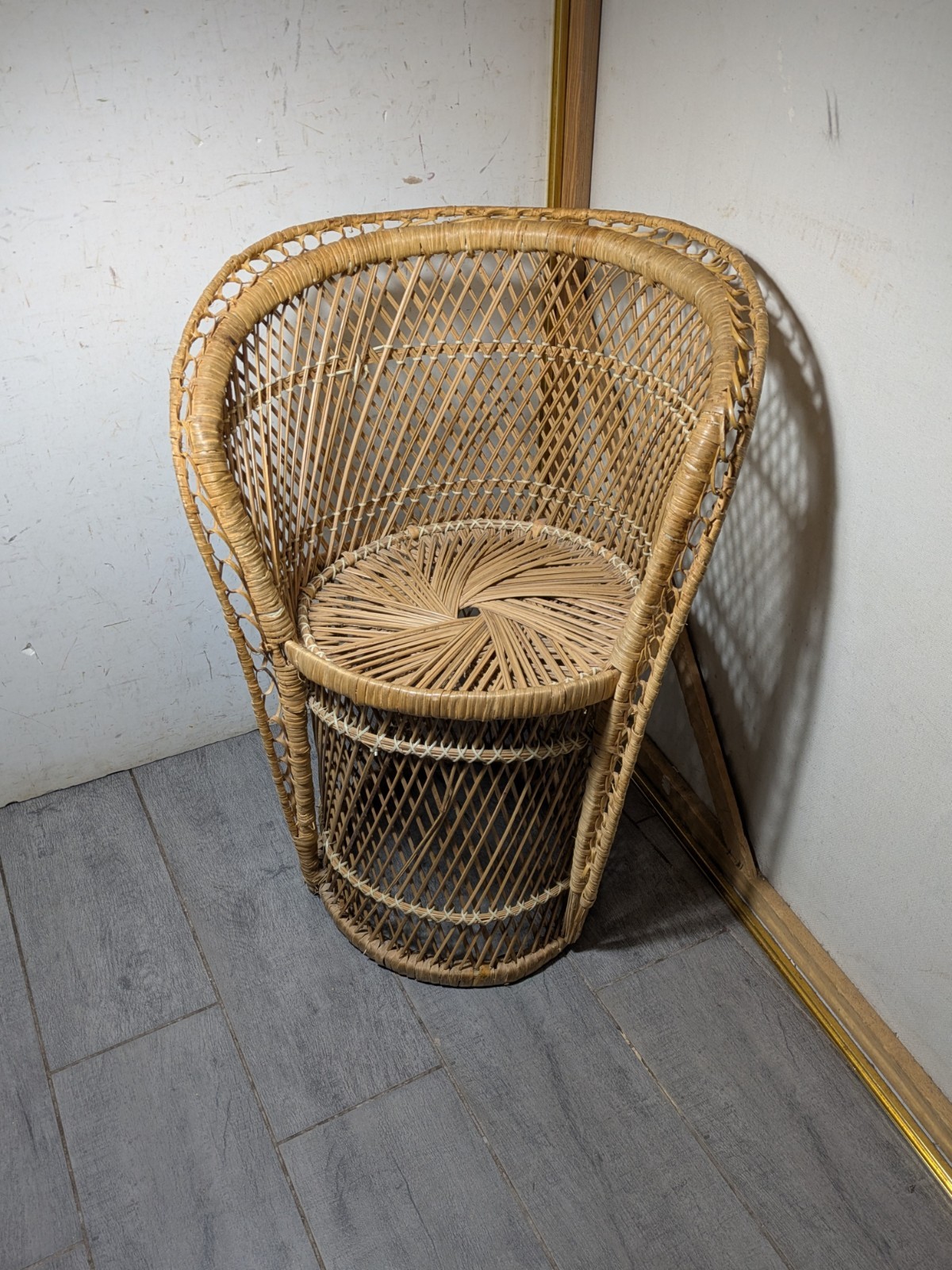 Vintage Mini Child Doll Sized Peacock Wicker Rattan Chair Boho Chic Portrait