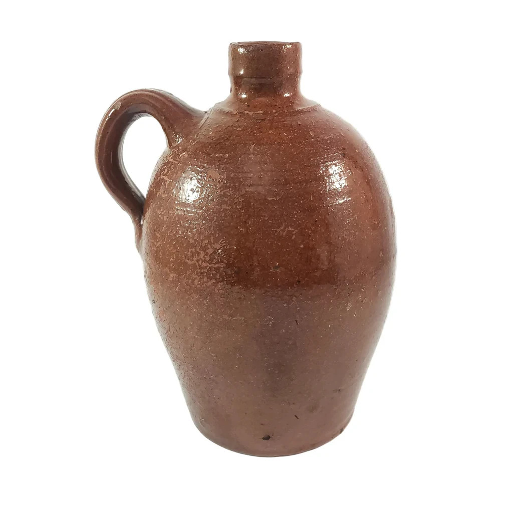 Antique Glazed Redware Handled Jug Orangish-Brown 2 Quarts Worn Primitive Decor