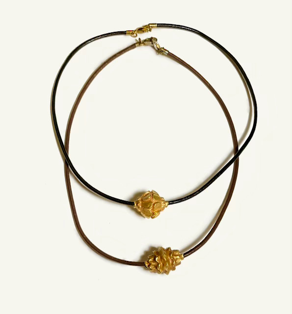 Two LARGE AbsolutelyAuthentic Pyu (Beik Thano) High-Karat Gold Beads on Leather