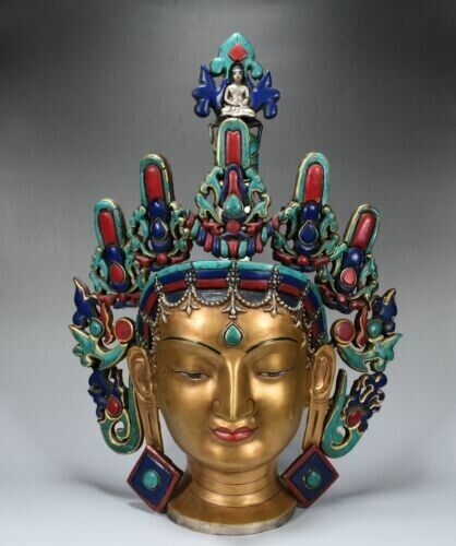 Purple Bronze Gold Inlay Turquoise White Tara Goddess Buddha Head Bust Statue