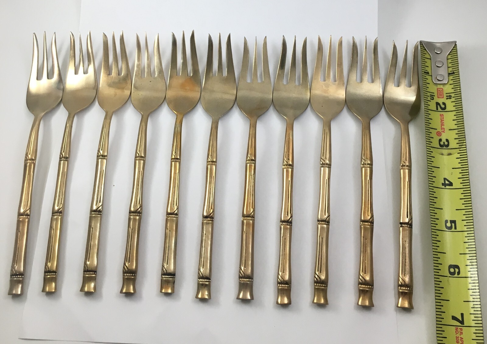 Lot of 11 Vintage 3-Tine Forks Thai Gold Bronze Bamboo Flatware