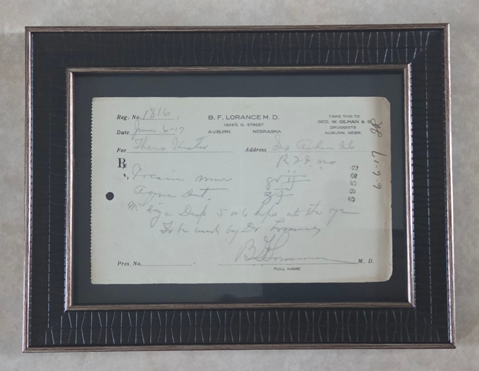 FRAMED 1917 PRESCRIPTION for COCAINE – Auburn, Nebraska