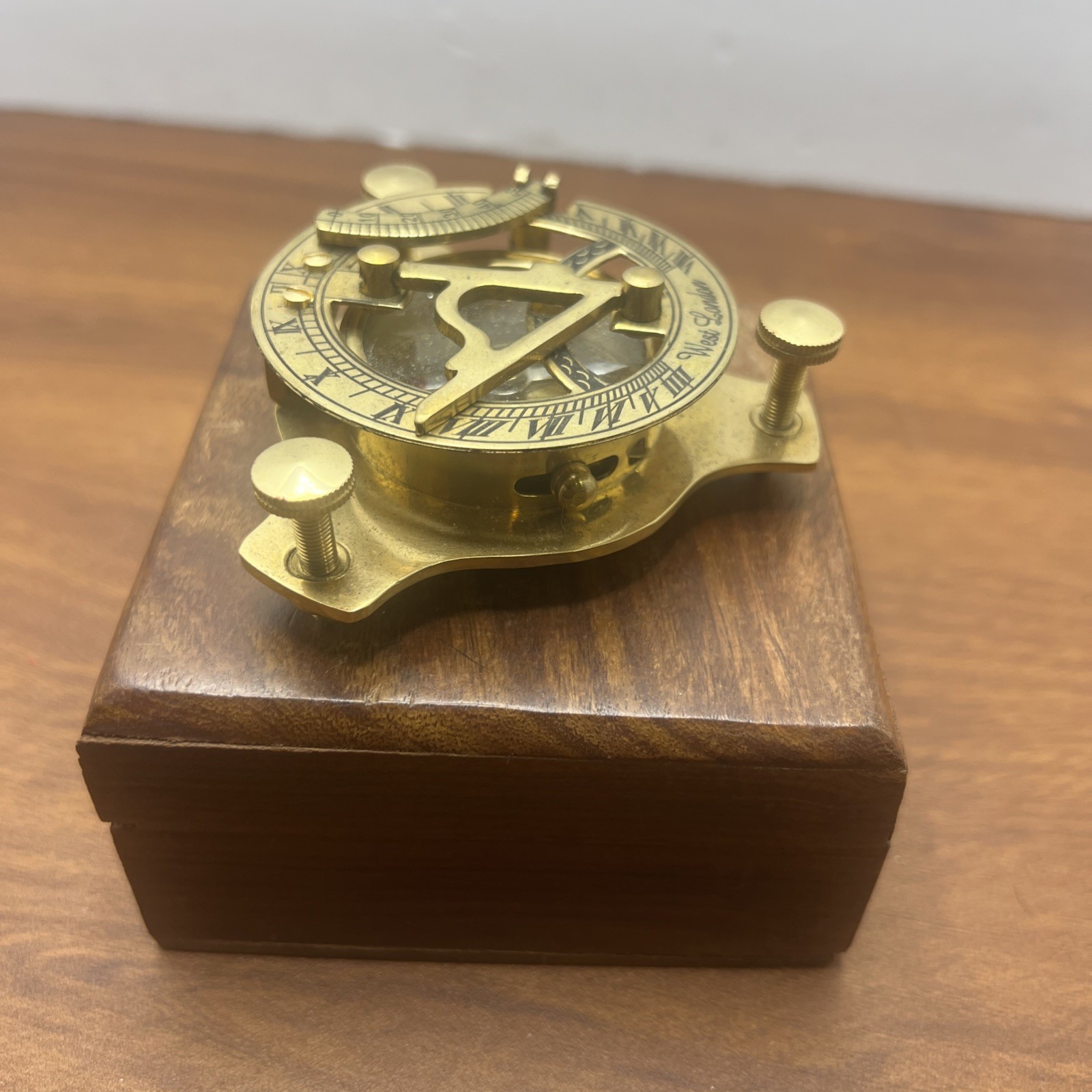 F. L. West London Brass Sundial Compass in presentation wood box