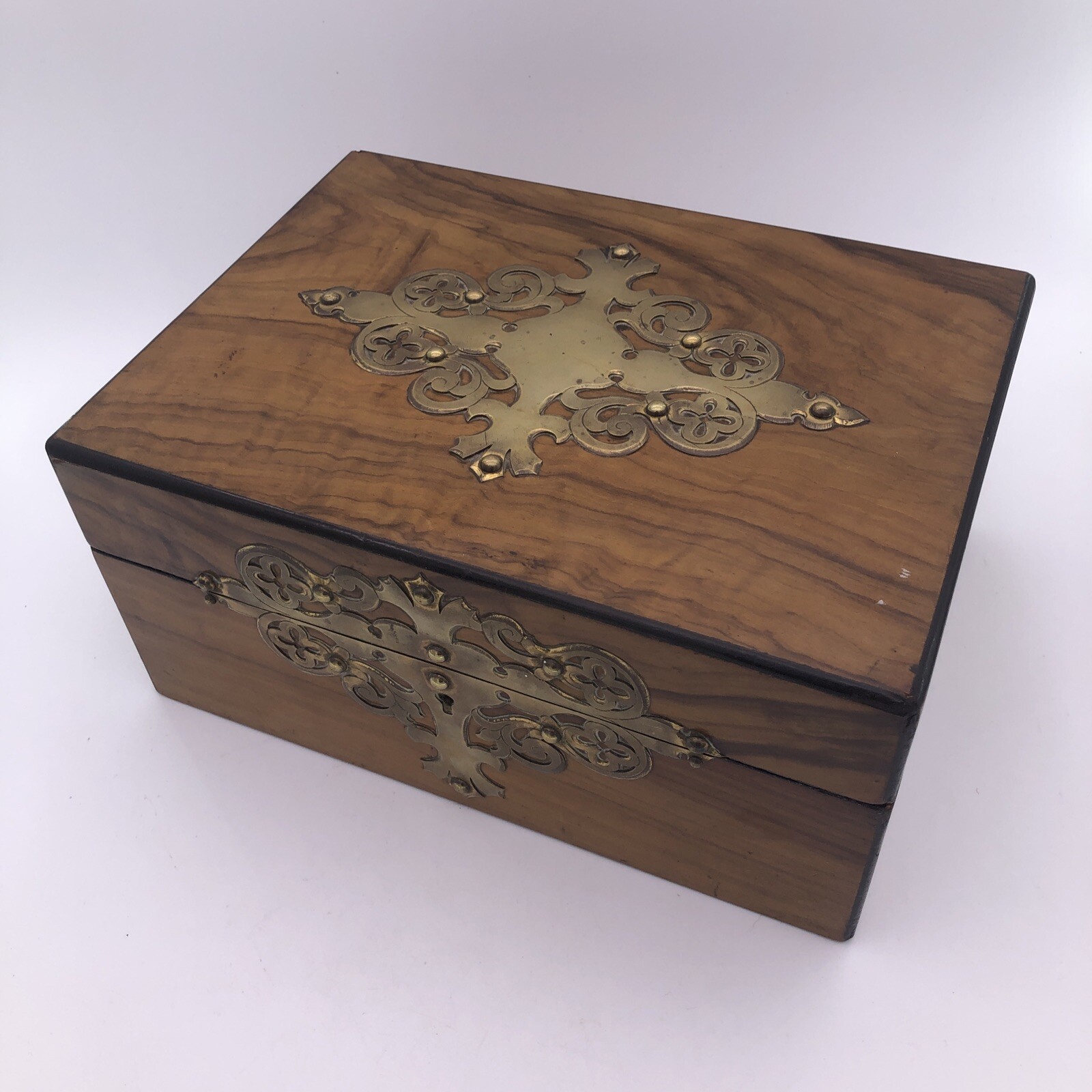 Antique Victorian Brass Mounted Walnut Gothic Style Box