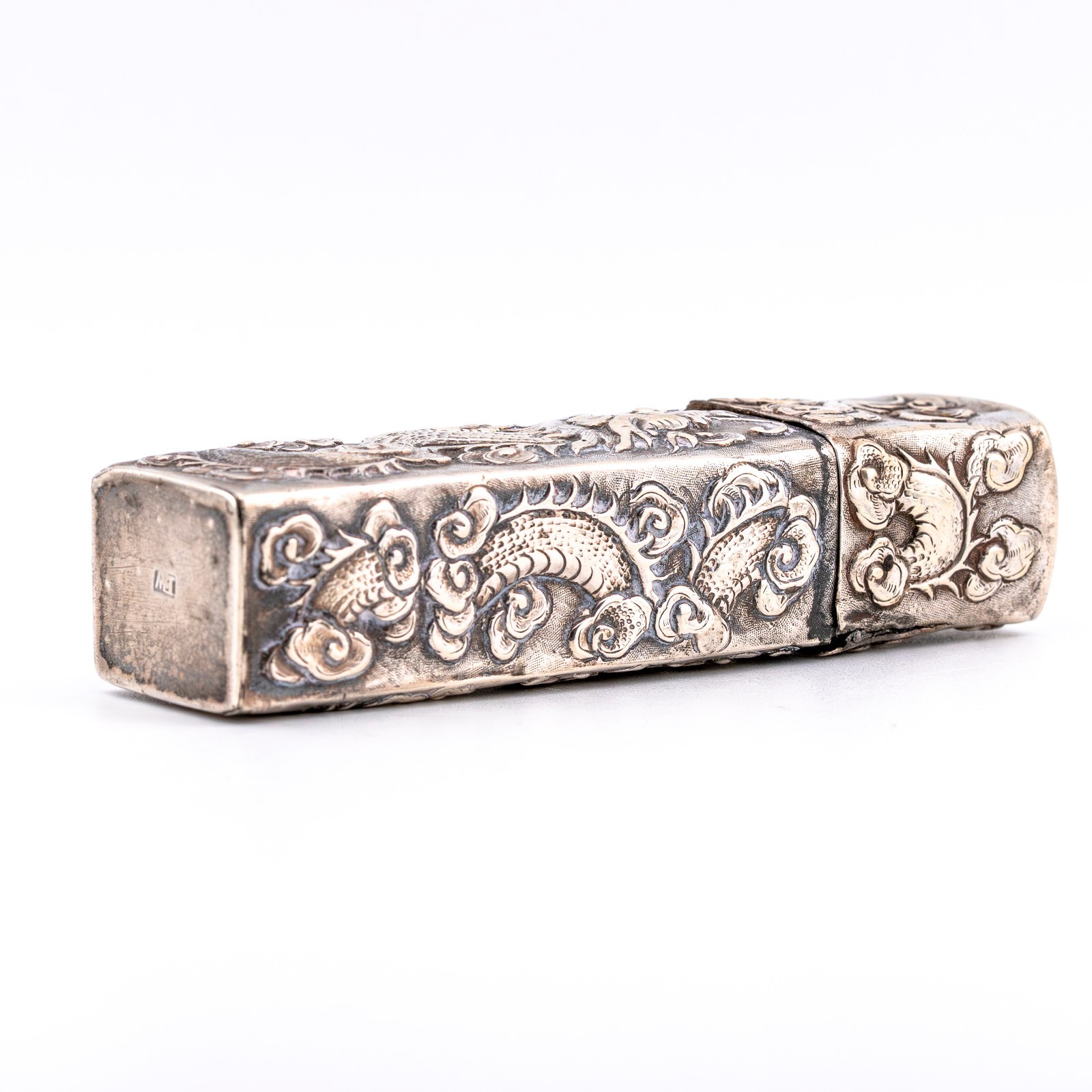 Chinese Solid Silver Dragon Pearl Case Box Qing Marked Canton Late 19th C