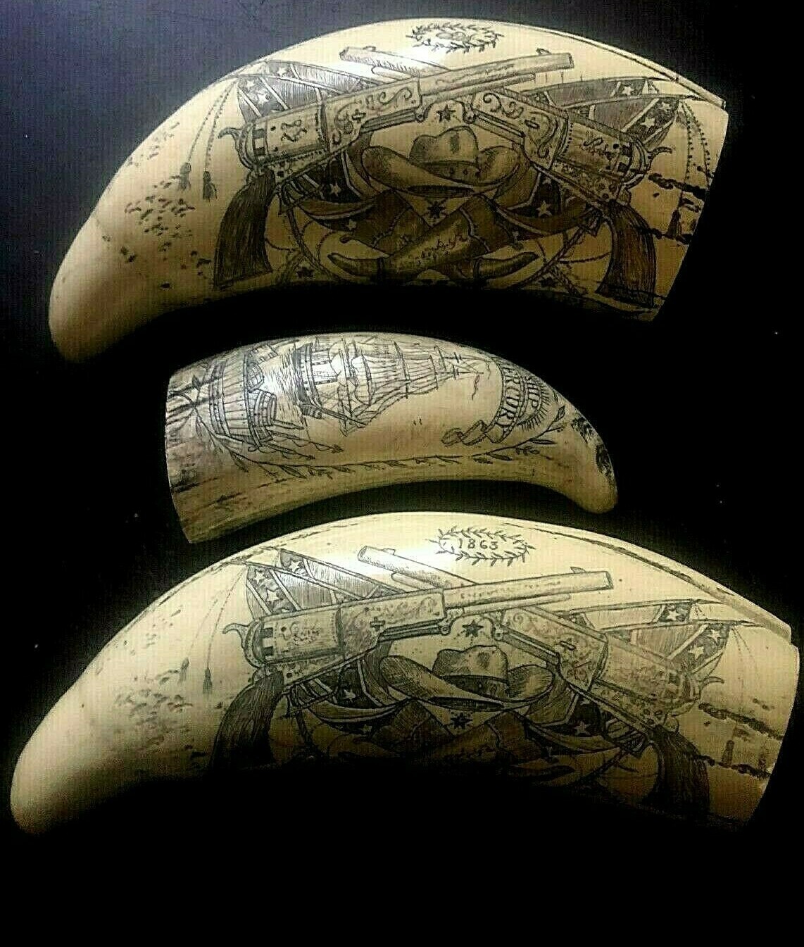 SET OF THREE SCRIMSHAW REPRODUCTION WHALE TEETH SAVE BIG TIME