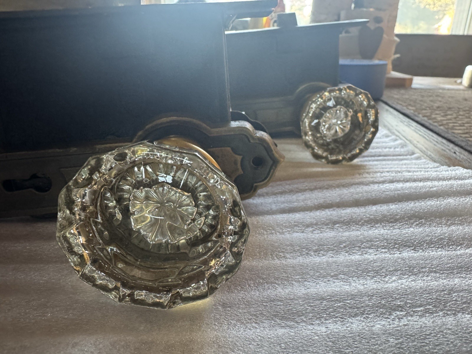 Antique 1920’sCorbin Art Deco Mortise Lockset Pair Glass Doorknobs W/Key