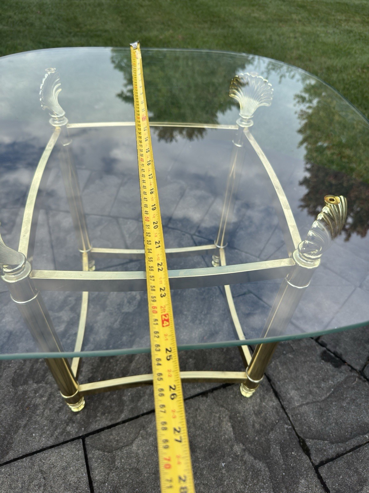 MCM Gold Lacquered Brass Shell Scallops End Table W/ Glass Top Coastal Regency