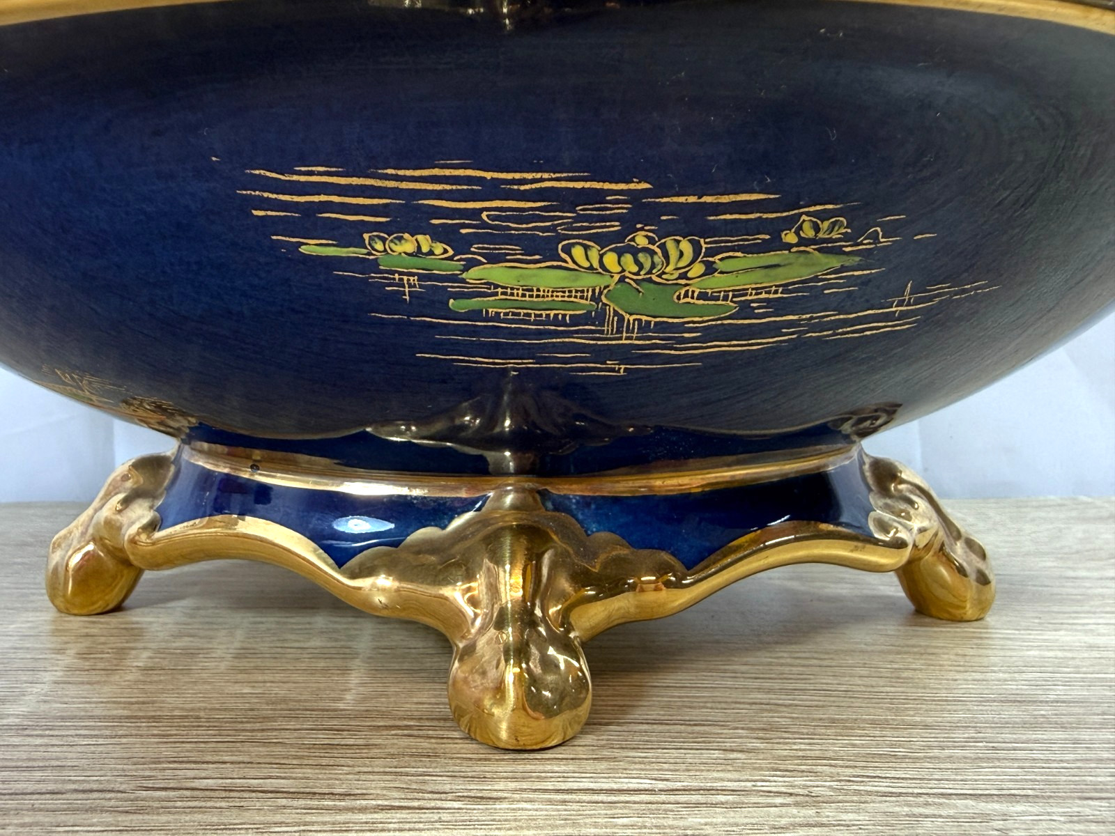 Carlton Ware Chinoiserie Blue & Gilt Footed Bowl Twin Handled Dish c1925 England