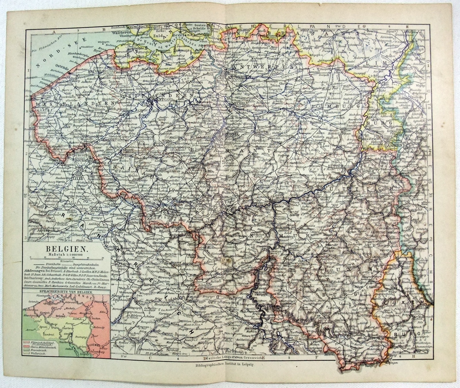 Belgium – Original 1900 German Language Map by Meyers. Antique