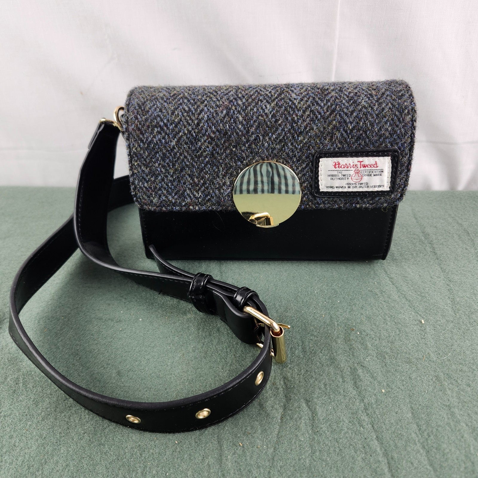 Harris Tweed Crossbody Bag w/ Goldtone Accent Black Leather Snow Paw Herringbone